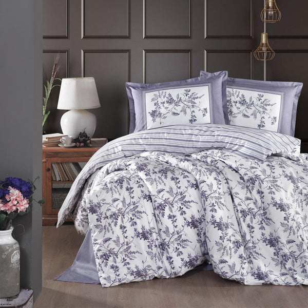 Set lenjerie pat clasy king size MONTERA V2, bumbac, alb/lila, 240x260 cm, cu cearceaf pat, cearceaf pilota si 2 fete de perna
