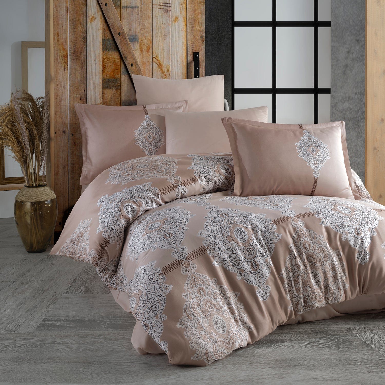 Set lenjerie pat clasy king size MUDONSE, bumbac, bej, 240x260 cm, cu cearceaf pat, cearceaf pilota si 2 fete de perna