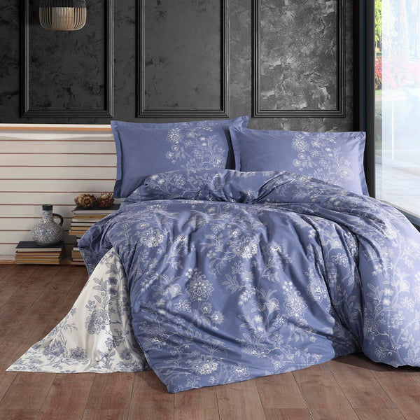Set lenjerie pat clasy king size NALA V2, bumbac, alb/albastru, 240x260 cm, cu cearceaf pat, cearceaf pilota si 2 fete de perna