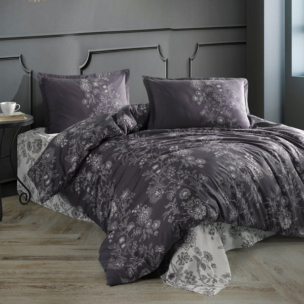 Set lenjerie pat clasy king size NELA V1, bumbac, alb/negru, 240x260 cm, cu cearceaf pat, cearceaf pilota si 2 fete de perna
