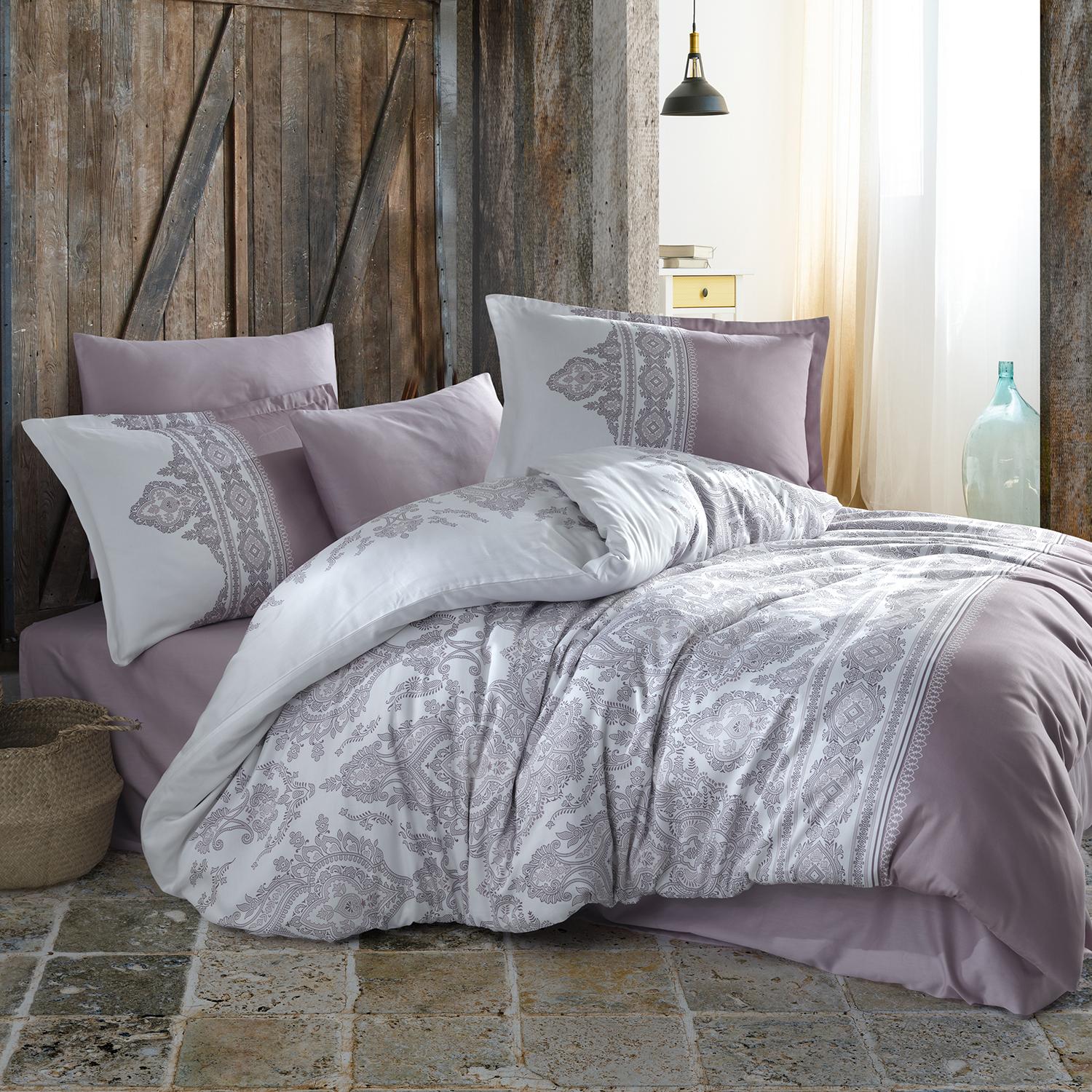 Set lenjerie pat clasy king size NITA, bumbac, alb/roz pudra, 240x260 cm, cu cearceaf pat, cearceaf pilota si 2 fete de perna