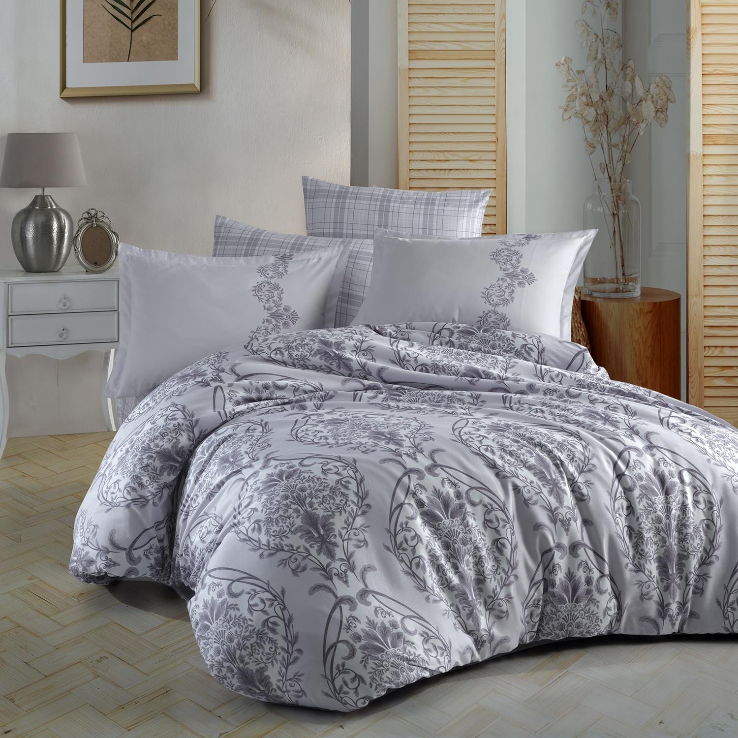 Set lenjerie pat clasy king size OLINDA, bumbac, gri, 240x260 cm, cu cearceaf pat, cearceaf pilota si 2 fete de perna