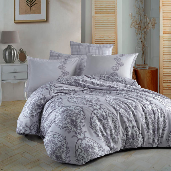 Set lenjerie pat clasy king size OLINDA, bumbac, gri, 240x260 cm, cu cearceaf pat, cearceaf pilota si 2 fete de perna