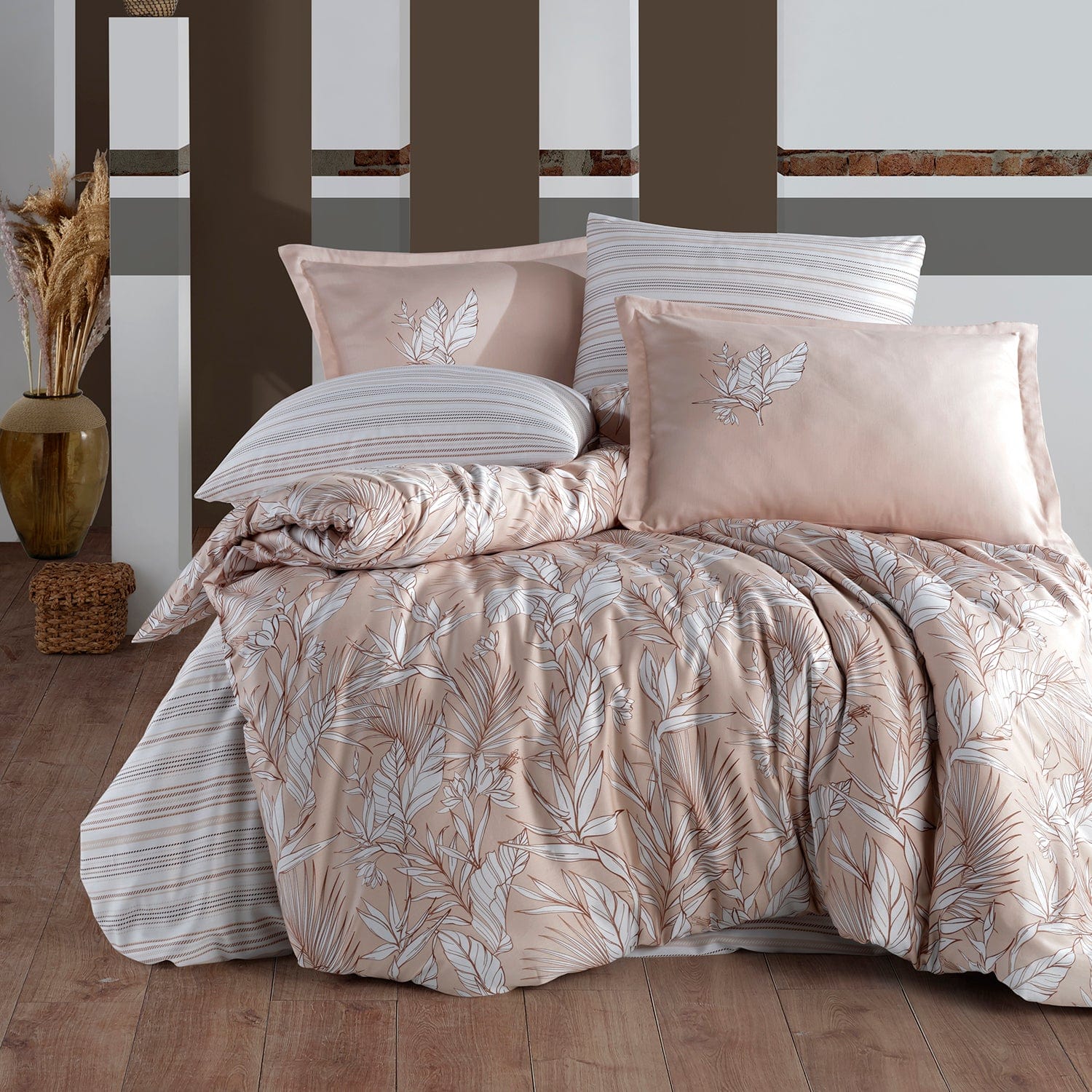 Set lenjerie pat clasy king size PALMIRA, bumbac, alb/bej, 240x260 cm, cu cearceaf pat, cearceaf pilota si 2 fete de perna