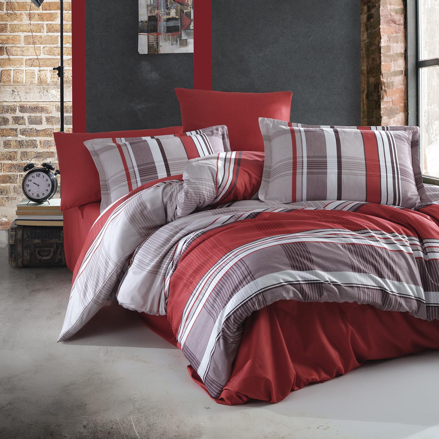 Set lenjerie pat clasy king size PALOMAR V1, bumbac, rosu/gri, 240x260 cm, cu cearceaf pat, cearceaf pilota si 2 fete de perna