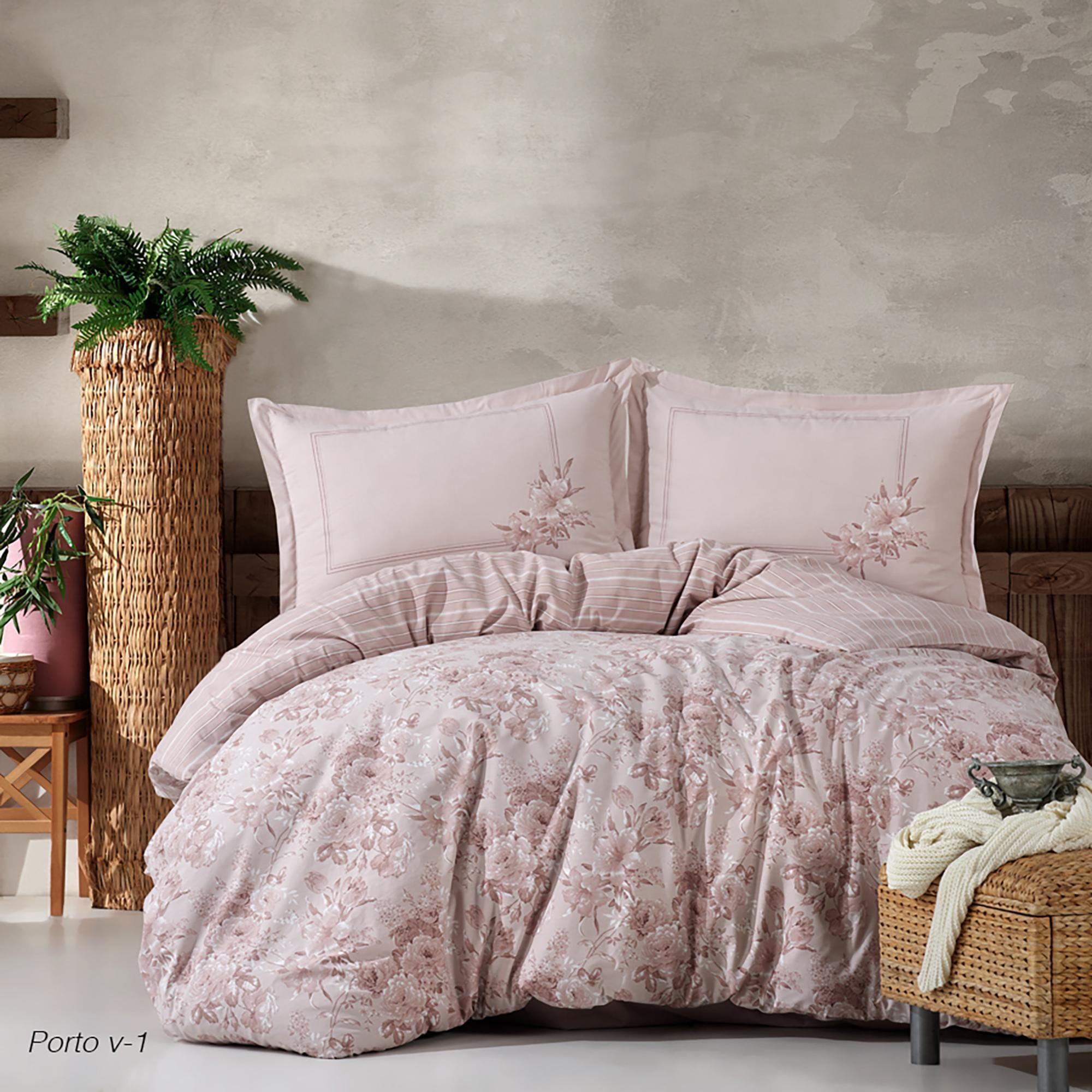 Set lenjerie pat clasy king size PORTO V1, bumbac, roz, 240x260 cm, cu cearceaf pat, cearceaf pilota si 2 fete de perna