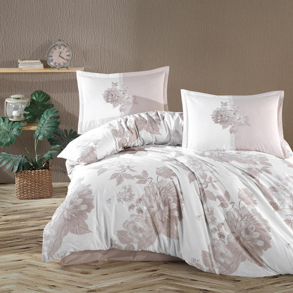 Set lenjerie pat clasy king size ROHAN V2, bumbac, alb/bej, 240x260 cm, cu cearceaf pat, cearceaf pilota si 2 fete de perna