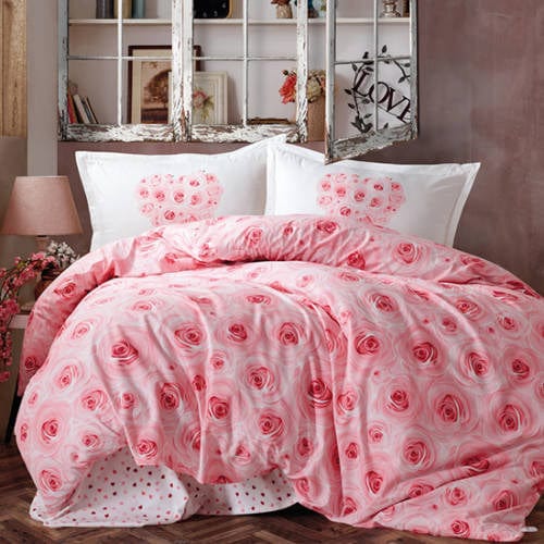 Set lenjerie pat clasy king size ROMAN S, bumbac, alb/roz, 240x260 cm, cu cearceaf pat, cearceaf pilota si 2 fete de perna