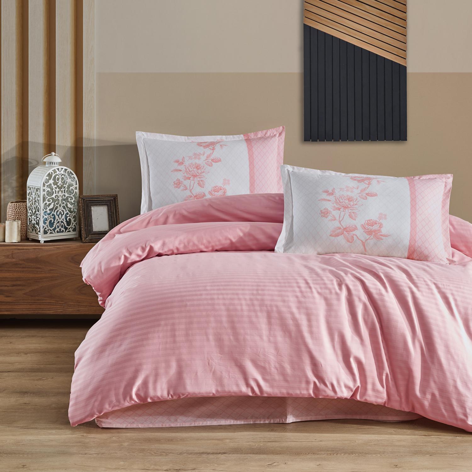Set lenjerie pat clasy king size SUAVE V8, bumbac, alb/roz, 240x260 cm, cu cearceaf pat, cearceaf pilota si 2 fete perna
