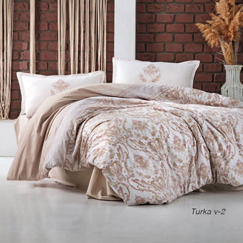 Set lenjerie pat clasy king size TURKA V2, bumbac, alb/bej, 240x260 cm, cu cearceaf pat, cearceaf pilota si 2 fete perna