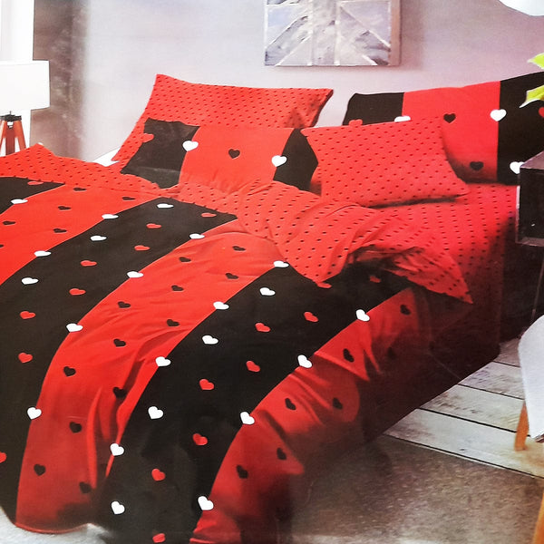 Set lenjerie pat cocolino BLACK HEARTS, rosu/negru, 240x240 cm, cu cearceaf pat, cearceaf pilota si 2 fete de perna