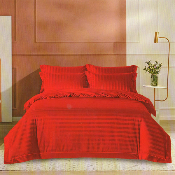 Set lenjerie pat damasc policoton XXL IMP38, rosu, 230x260 cm, cu cearceaf pat, cearceaf pilota si 2 fete de perna
