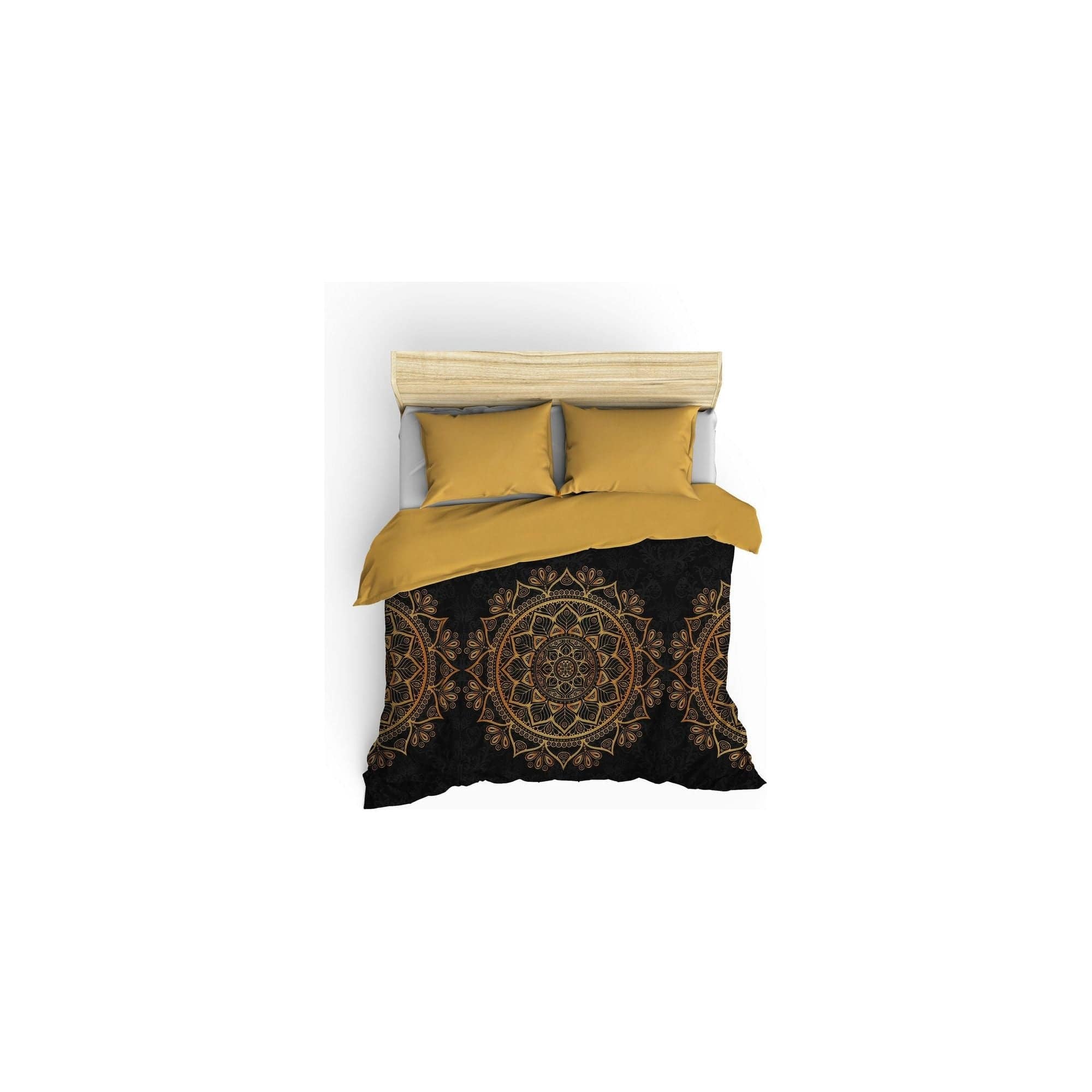Set lenjerie pat dublu ALVINA, bumbac, negru/galben, 240x260 cm, cu cearceaf pat, cearceaf pilota si 4 fete de perna