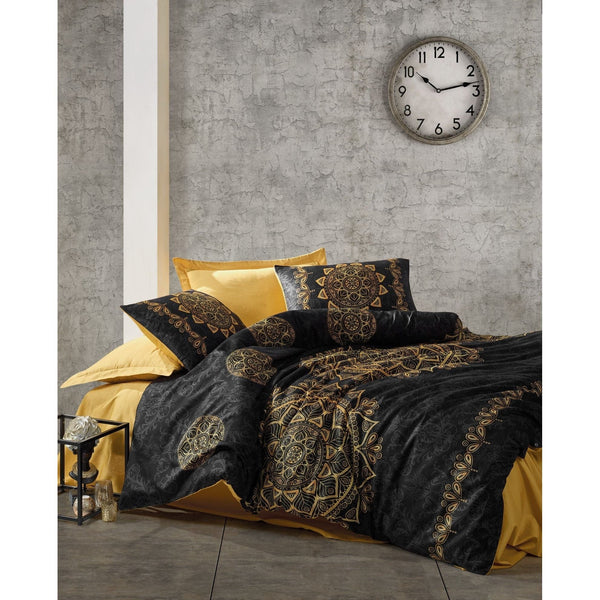 Set lenjerie pat dublu ALVINA, bumbac, negru/galben, 240x260 cm, cu cearceaf pat, cearceaf pilota si 4 fete de perna