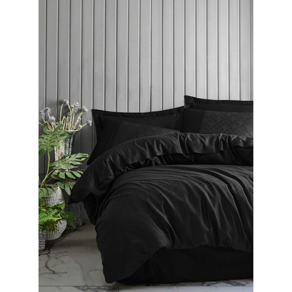 Set lenjerie pat dublu DAMASC, bumbac, negru, 240x260 cm, cu cearceaf pat, cearceaf pilota si 4 fete de perna