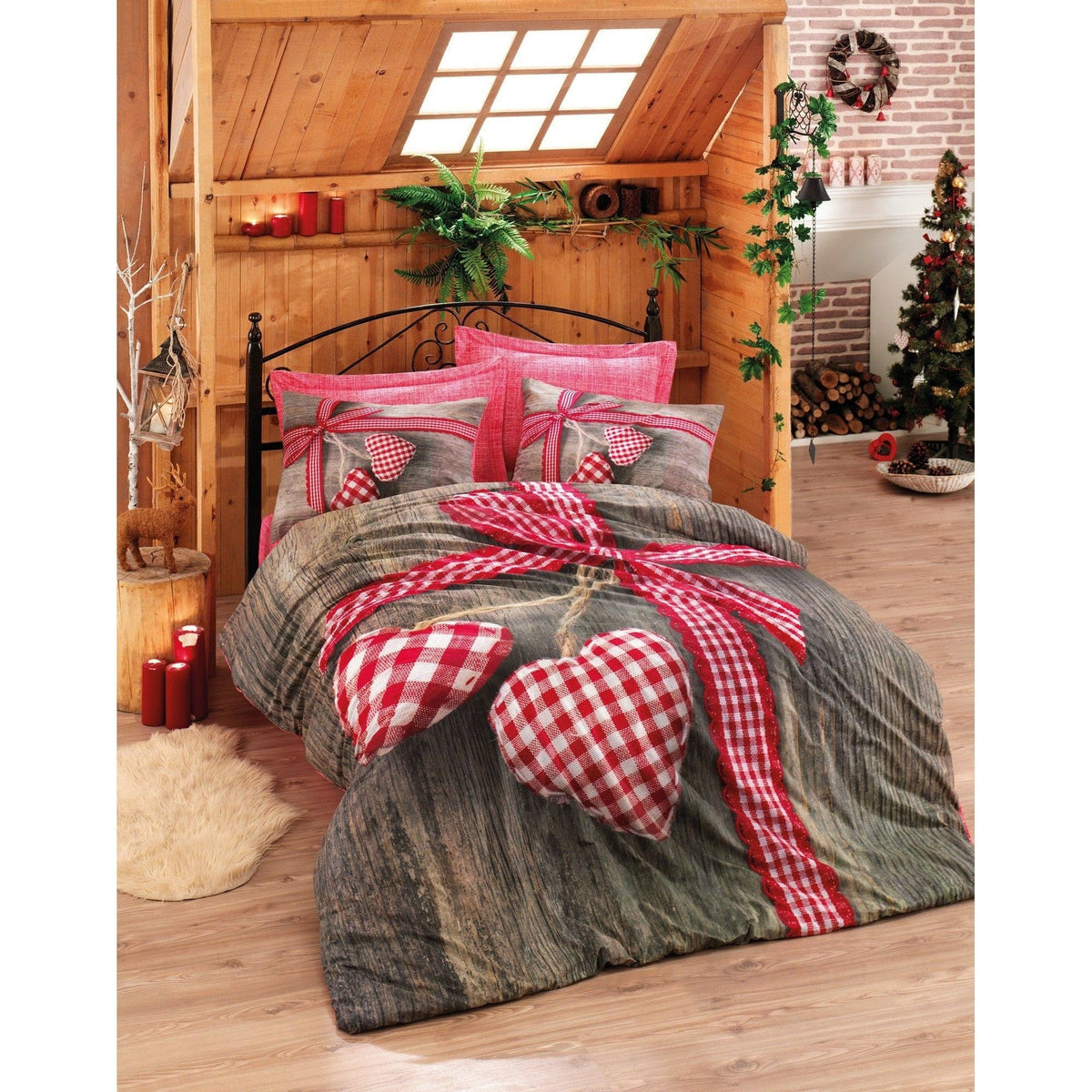 Set lenjerie pat dublu LOVEBOX, bumbac, rosu/gri, 240x260 cm, cu cearceaf pat, cearceaf pilota si 2 fete de perna