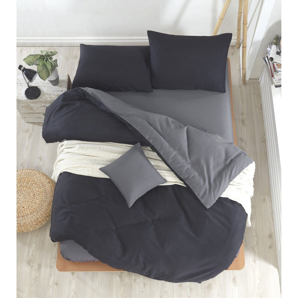 Set lenjerie pat dublu MIX, bumbac/poliester, negru/gri, 220x240 cm, cu cearceaf pat, cearceaf pilota si 2 fete de perna
