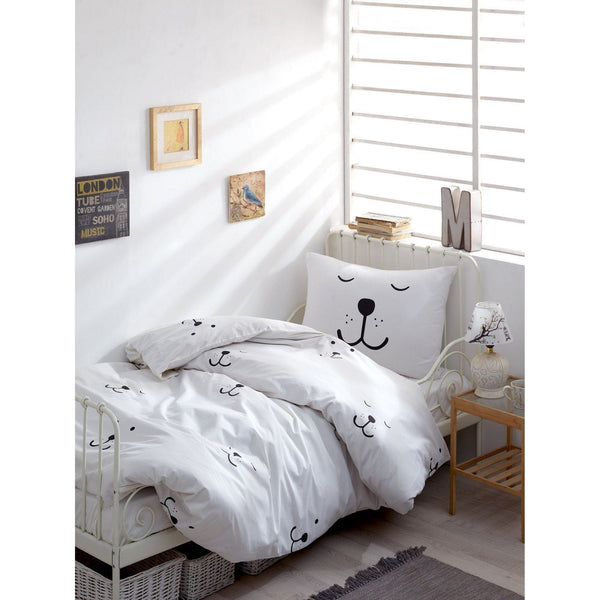 Set lenjerie pat dublu pentru copii ELES, bumbac, alb, 240x260 cm, cu cearceaf pat, cearceaf pilota si 2 fete de perna