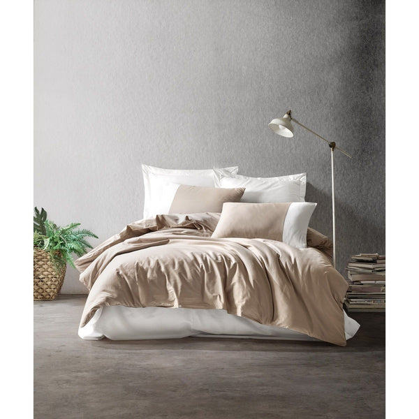 Set lenjerie pat dublu PLAIN, bumbac, alb/bej, 240x260 cm, cu cearceaf pat, cearceaf pilota si 2 fete de perna