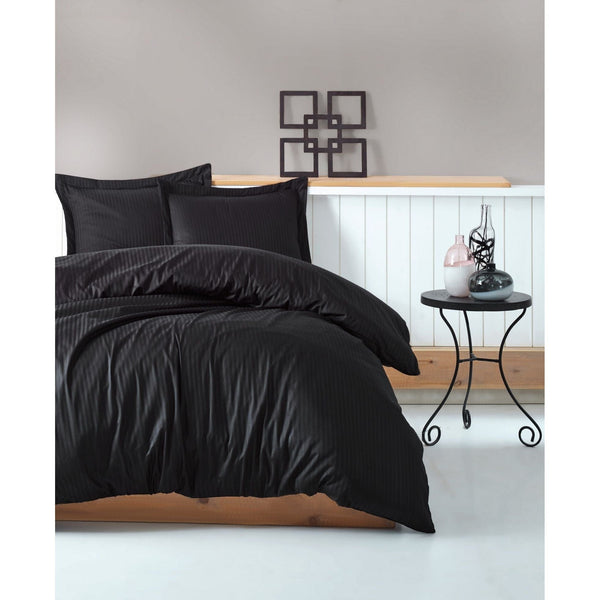 Set lenjerie pat dublu STRIPE, bumbac, negru, 240x260 cm, cu cearceaf pat, cearceaf pilota si 2 fete de perna