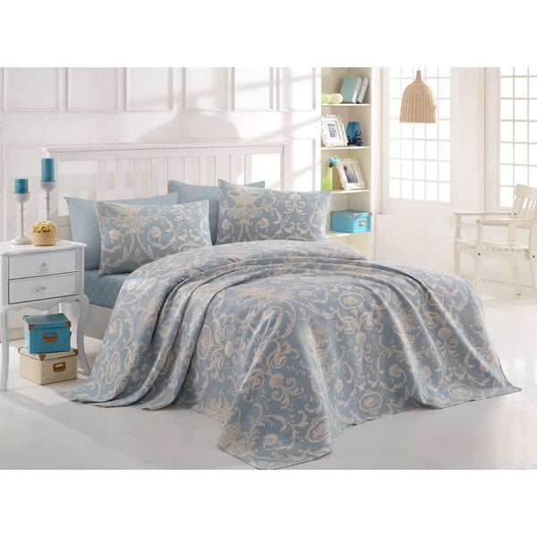 Set lenjerie pat dublu TUVAL, bumbac, albastru deschis, 220x240 cm, cu cearceaf pat, cearceaf pilota si 2 fete de perna