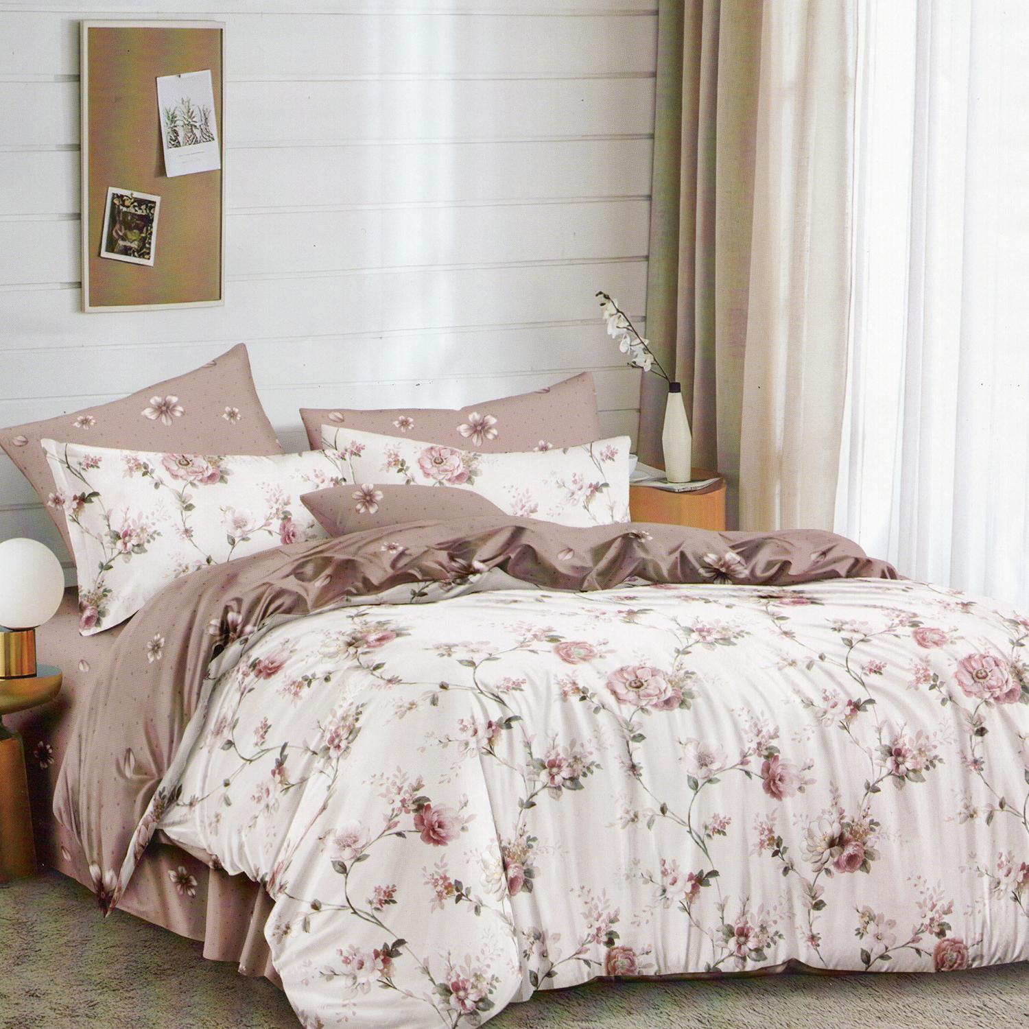 Set lenjerie pat ELVO ELV109, bumbac/poliester, alb/bej, 220x230 cm, cu cearceaf pat, cearceaf pilota si 2 fete de perna