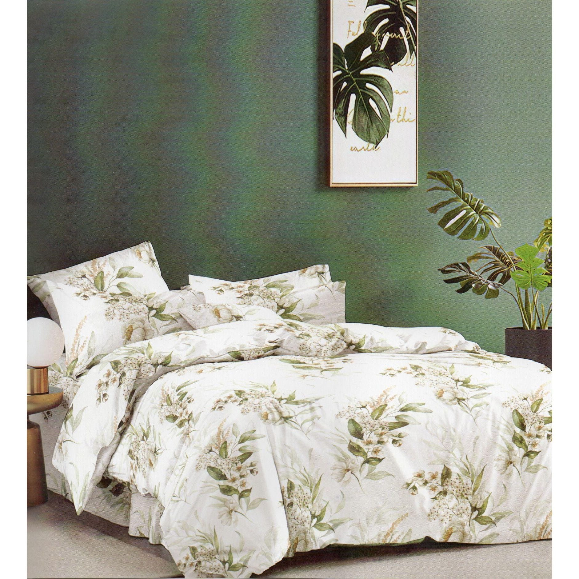 Set lenjerie pat ELVO ELV78, bumbac/poliester, alb/verde, 220x230 cm, cu cearceaf pat, cearceaf pilota si 2 fete de perna