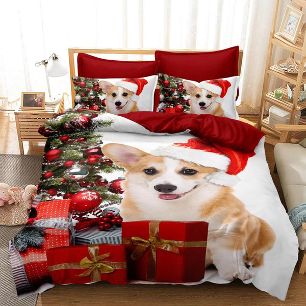 Set lenjerie pat finet F-XMAS29, poliester/bumbac finet, multicolor, 220x230 cm, cu cearceaf pat, cearceaf pilota si 4 fete de perna