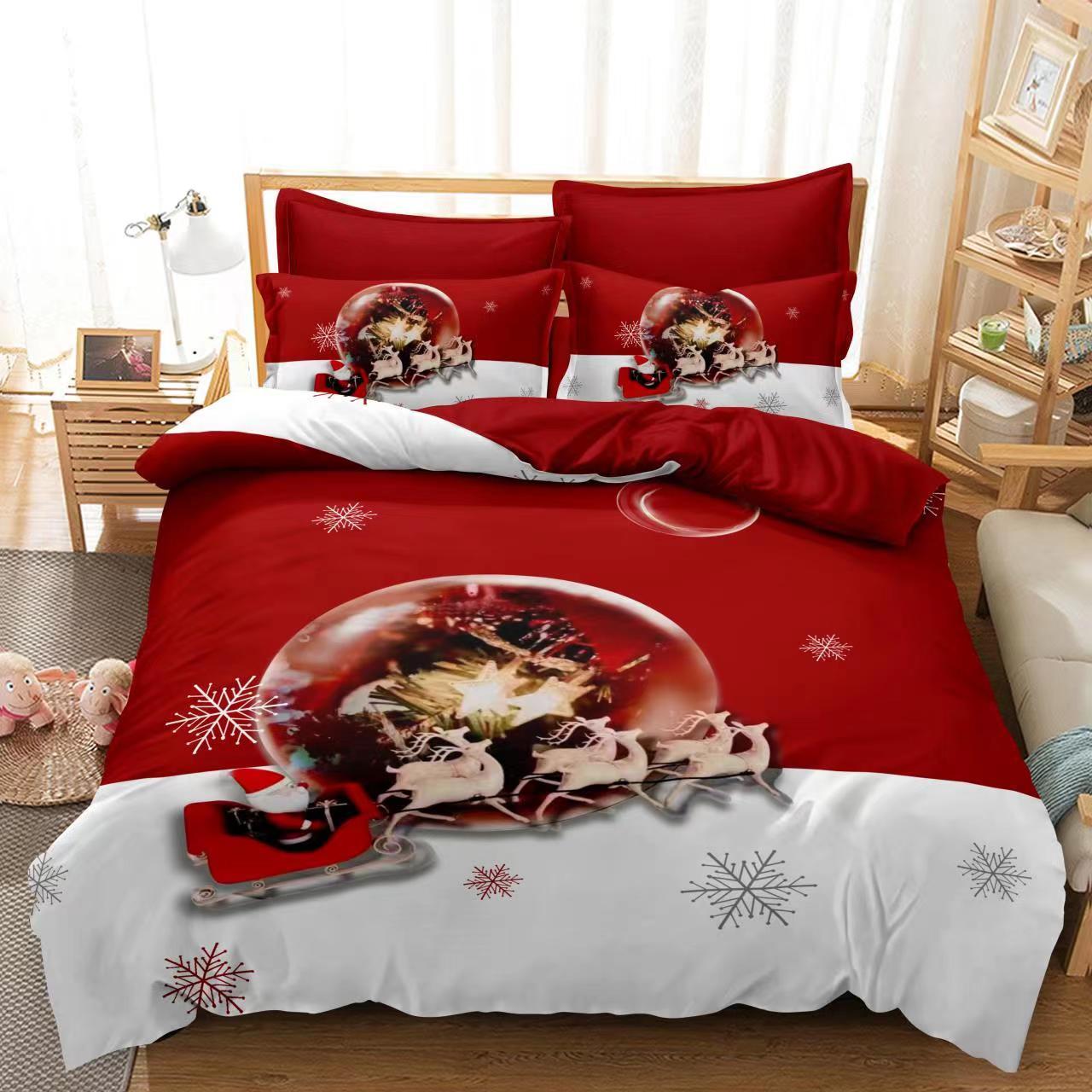 Set lenjerie pat finet F-XMAS39, poliester/bumbac finet, rosu/alb, 220x230 cm, cu cearceaf pat, cearceaf pilota si 4 fete de perna