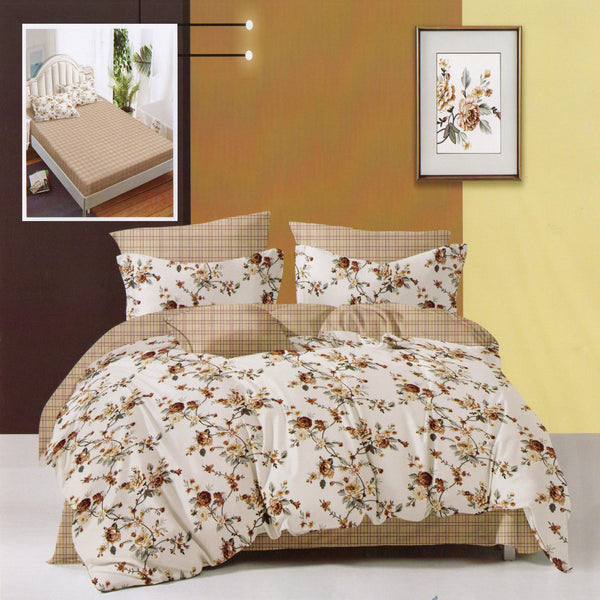 Set lenjerie pat finet HF6P107, material textil, alb/bej, 160-180x200 cm, cu husa pat, cearceaf pilota si 4 fete de perna