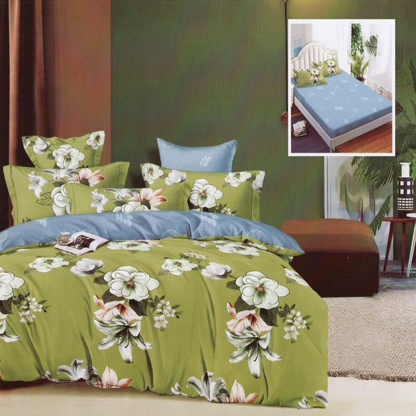 Set lenjerie pat finet HF6P111, bumbac, verde, 160-180x200 cm, cu husa pat, cearceaf pilota si 4 fete de perna