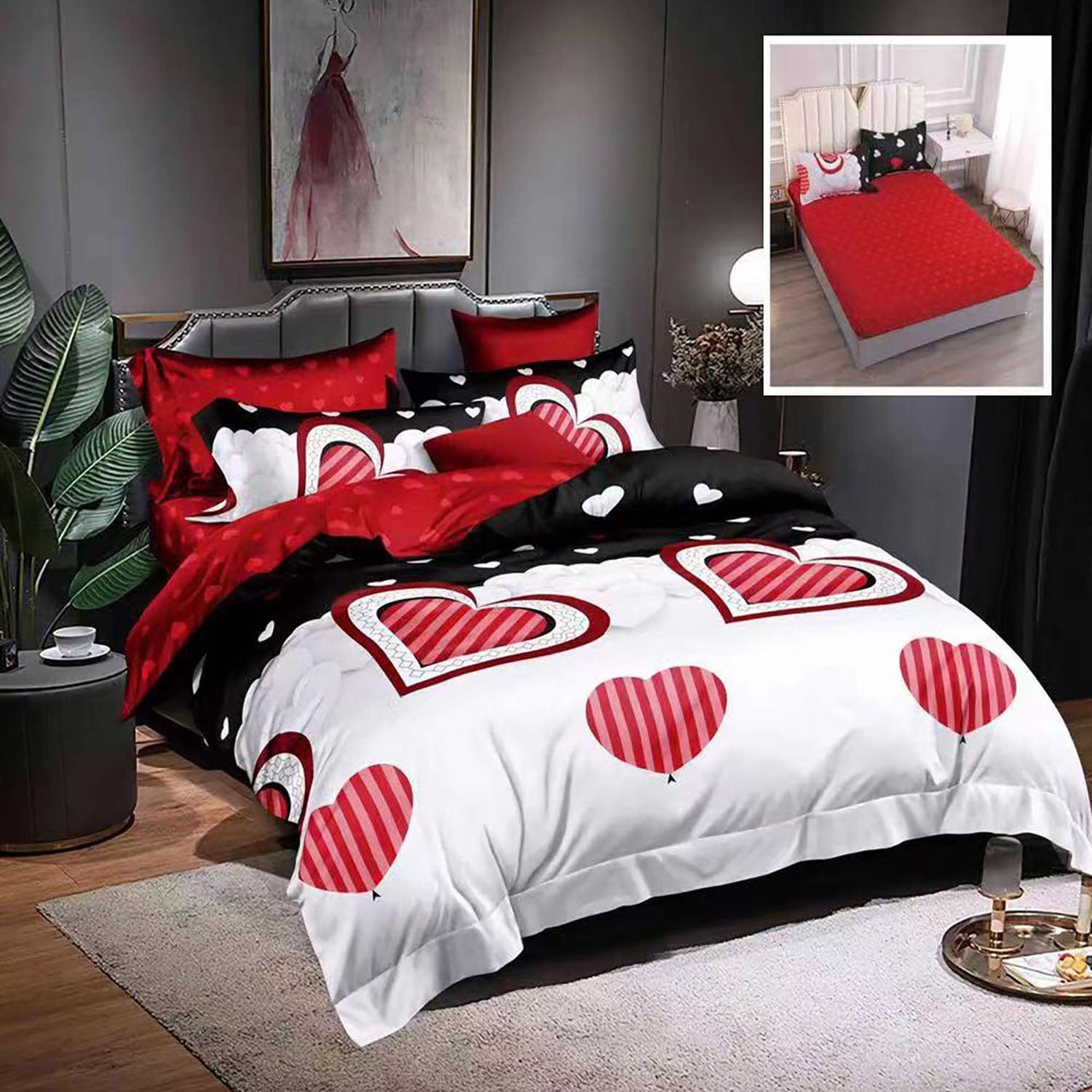 Set lenjerie pat finet HF6P23, bumbac, multicolor, 160-180x200 cm, cu husa pat, cearceaf pilota si 4 fete de perna