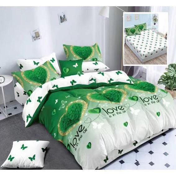 Set lenjerie pat finet HF6P34, material textil, alb/verde, 160-180x200 cm, cu husa pat, cearceaf pilota si 4 fete de perna