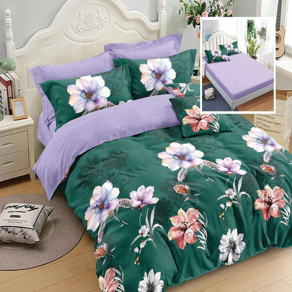 Set lenjerie pat finet HF6P65, material textil, verde/lila, 160-180x200 cm, cu husa pat, cearceaf pilota si 4 fete de perna