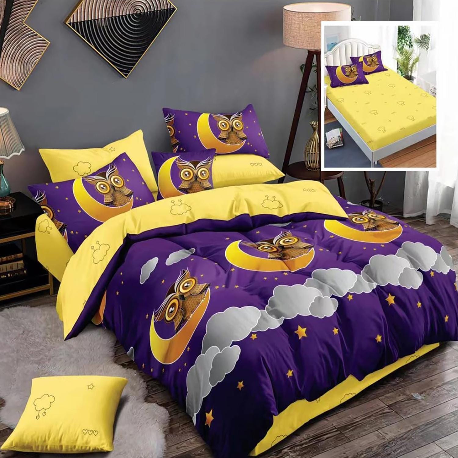 Set lenjerie pat finet HF6P67, material textil, mov/galben, 160-180x200 cm, cu husa pat, cearceaf pilota si 4 fete de perna