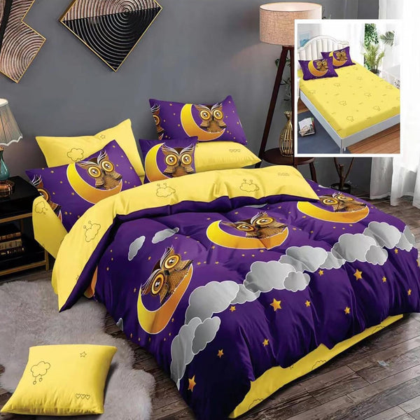 Set lenjerie pat finet HF6P67, material textil, mov/galben, 160-180x200 cm, cu husa pat, cearceaf pilota si 4 fete de perna
