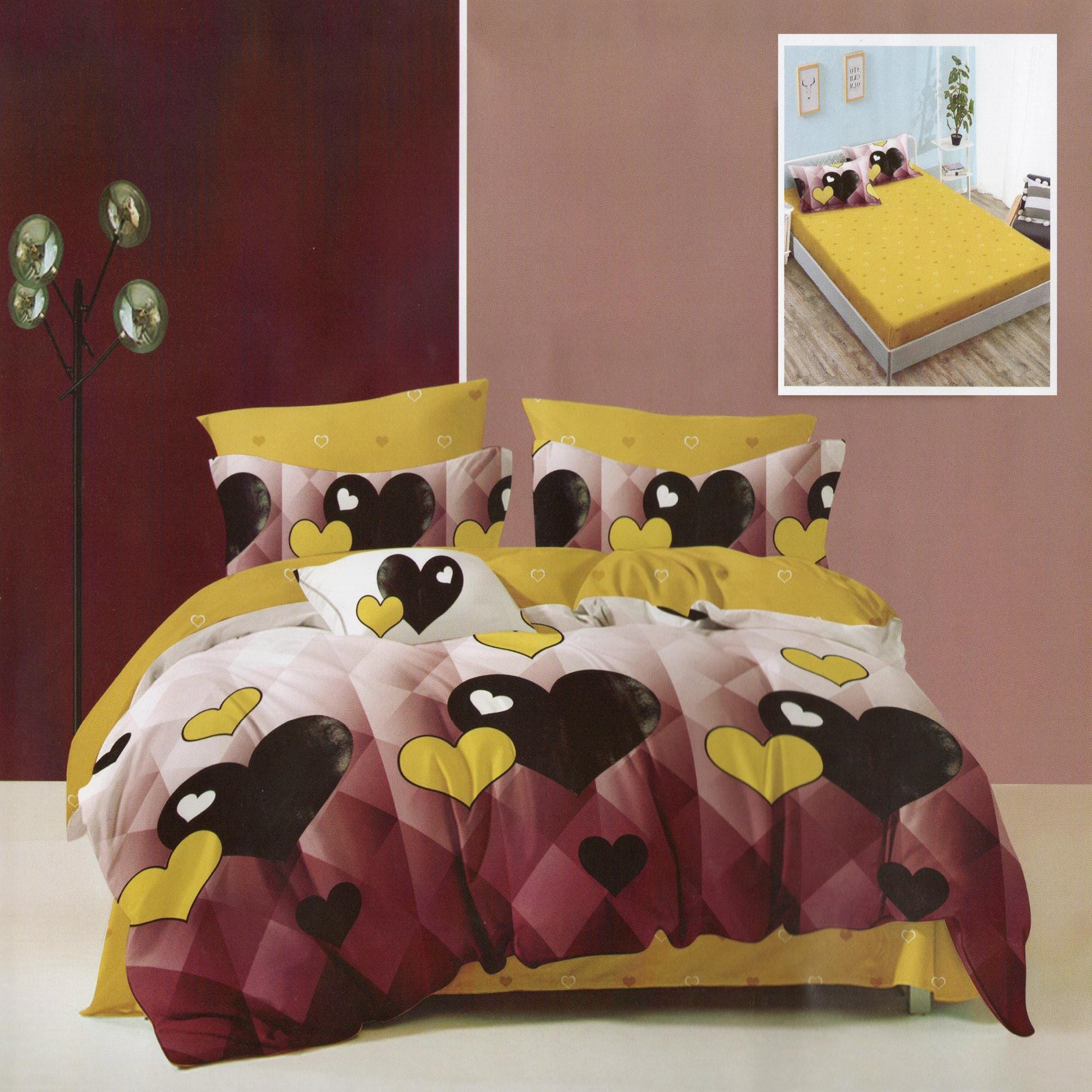 Set lenjerie pat finet HF6P88, poliester/bumbac, galben/maro, 160-180x200 cm, cu husa pat, cearceaf pilota si 4 fete de perna