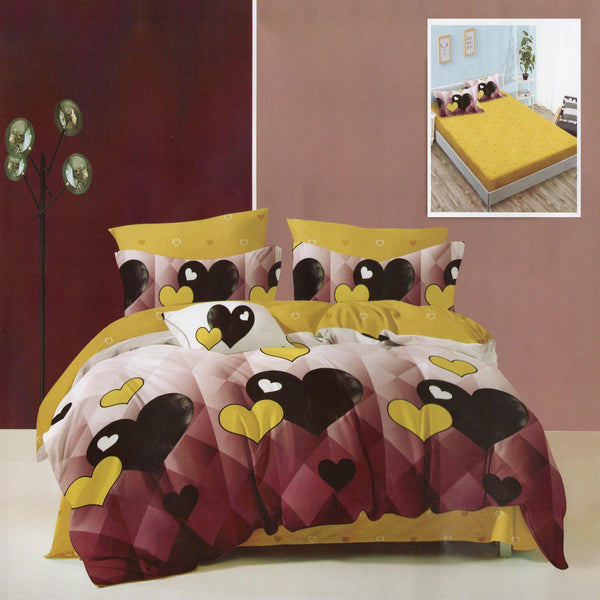 Set lenjerie pat finet HF6P88, poliester/bumbac, galben/maro, 160-180x200 cm, cu husa pat, cearceaf pilota si 4 fete de perna