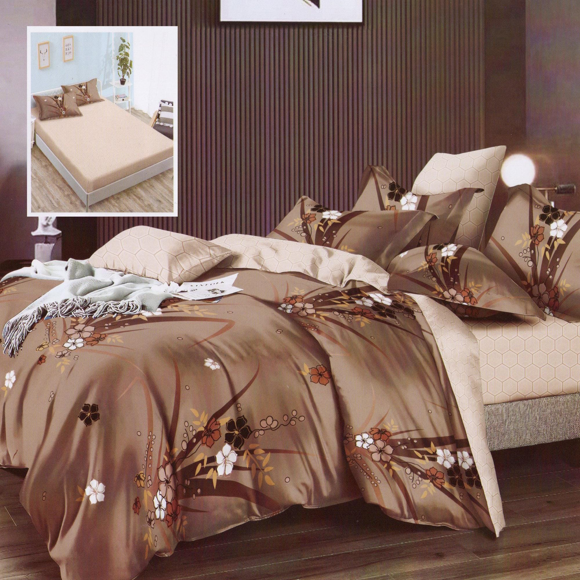 Set lenjerie pat finet HF6P91, poliester/bumbac, bej/maro, 160-180x200 cm, cu husa pat, cearceaf pilota si 4 fete de perna
