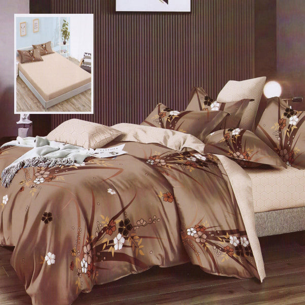 Set lenjerie pat finet HF6P91, poliester/bumbac, bej/maro, 160-180x200 cm, cu husa pat, cearceaf pilota si 4 fete de perna