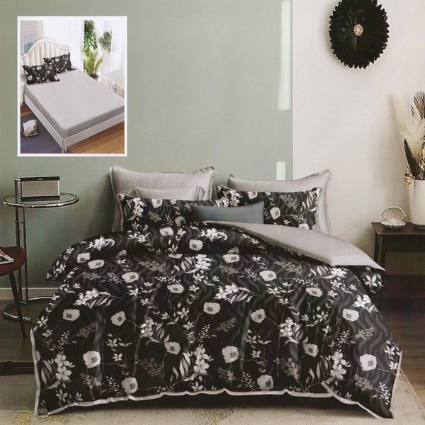 Set lenjerie pat finet HF6P94, bumbac/poliester, gri/negru, 160-180x200 cm, cu husa pat, cearceaf pilota si 4 fete de perna