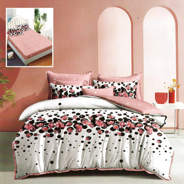 Set lenjerie pat finet HF6P98, bumbac/poliester, alb/roz, 160-180x200 cm, cu husa pat, cearceaf pilota si 4 fete de perna