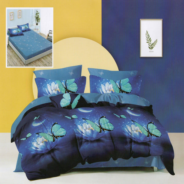 Set lenjerie pat finet HF6P99, bumbac/poliester, albastru, 160-180x200 cm, cu husa pat, cearceaf pilota si 4 fete de perna