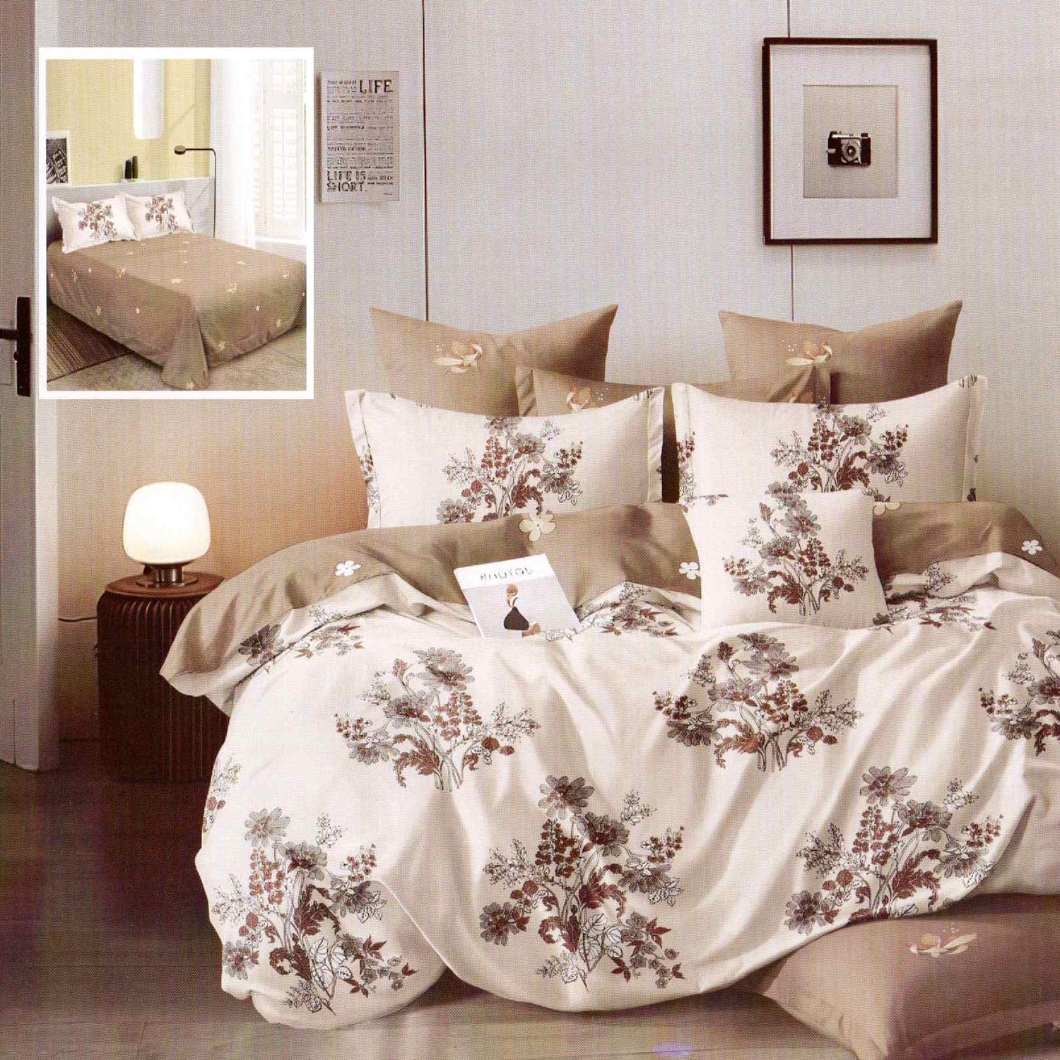 Set lenjerie pat finet M302, bumbac/poliester, crem/bej, 220x240 cm, cu cearceaf pat, cearceaf pilota si 4 fete de perna