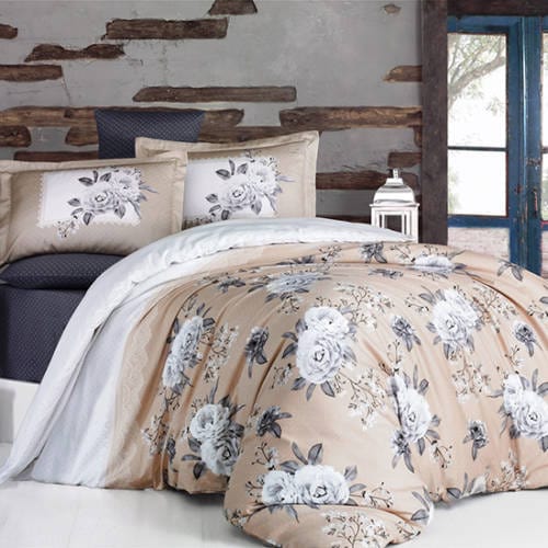 Set lenjerie pat king size KENZO V1, bumbac, alb/bej, 240x260 cm, cu cearceaf pat, cearceaf pilota si 2 fete de perna