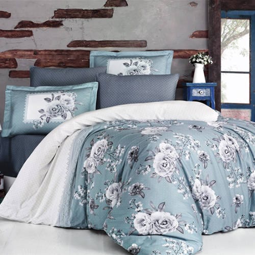 Set lenjerie pat king size KENZO V2, bumbac, alb/albastru, 240x260 cm, cu cearceaf pat, cearceaf pilota si 2 fete de perna