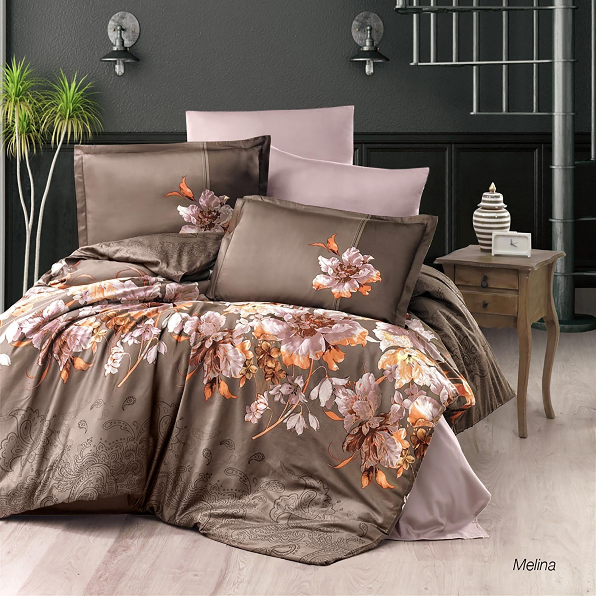 Set lenjerie pat king size MELINA, bumbac, maro/roz pudra, 240x260 cm, cu cearceaf pat, cearceaf pilota si 4 fete de perna