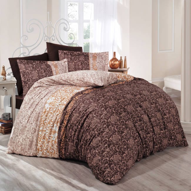 Set lenjerie pat king size MIRACE V1, bumbac, maro/bej, 240x260 cm, cu cearceaf pat, cearceaf pilota si 2 fete de perna