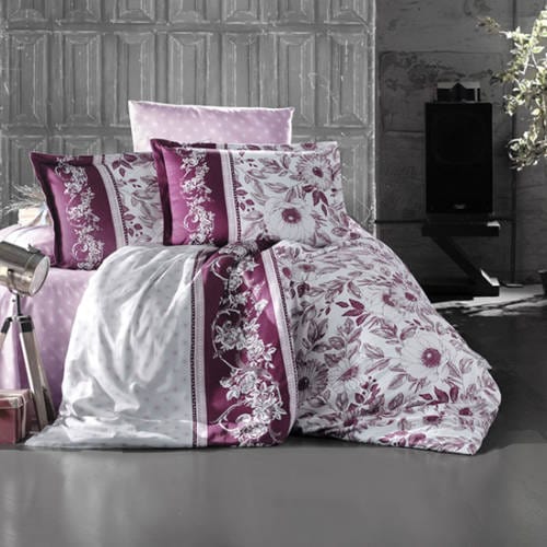 Set lenjerie pat king size MOCHA V2, bumbac, alb/mov, 240x260 cm, cu cearceaf pat, cearceaf pilota si 2 fete de perna