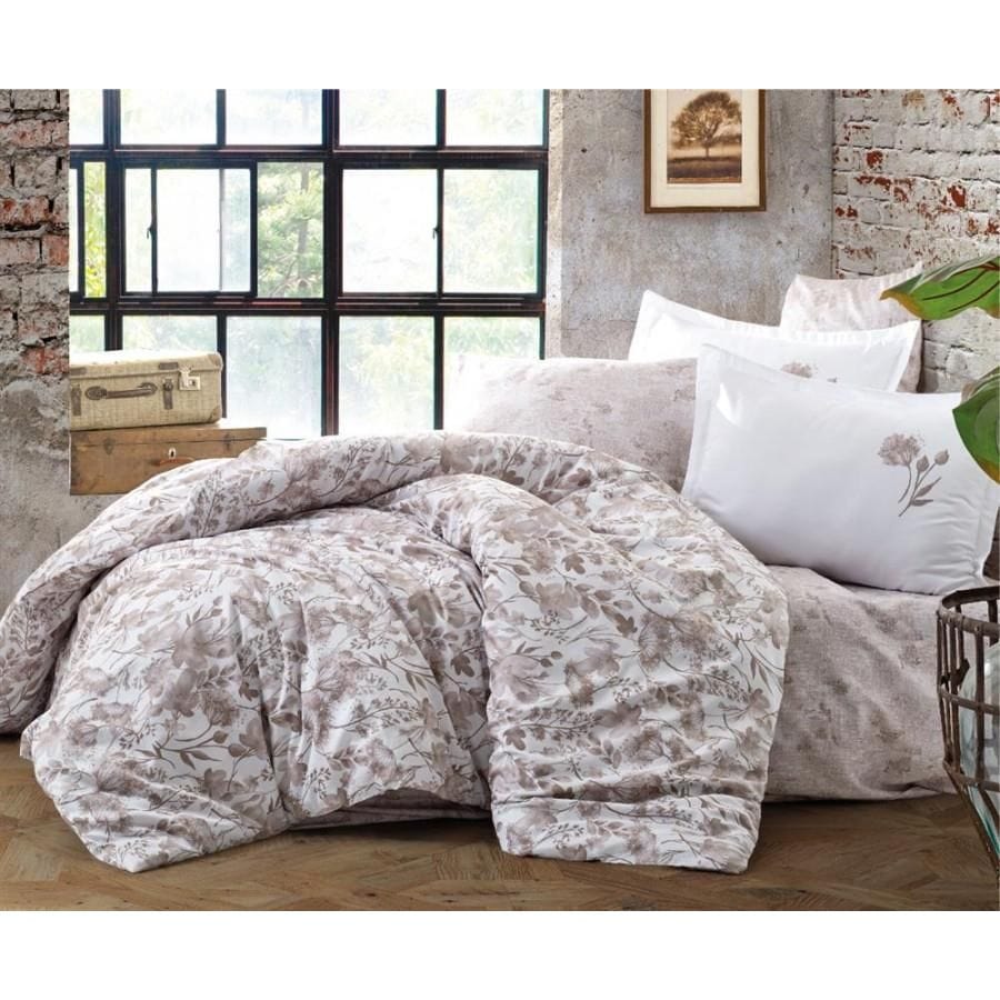 Set lenjerie pat king size OLAVA V2, bumbac, alb/bej, 240x260 cm, cu cearceaf pat, cearceaf pilota si 2 fete de perna